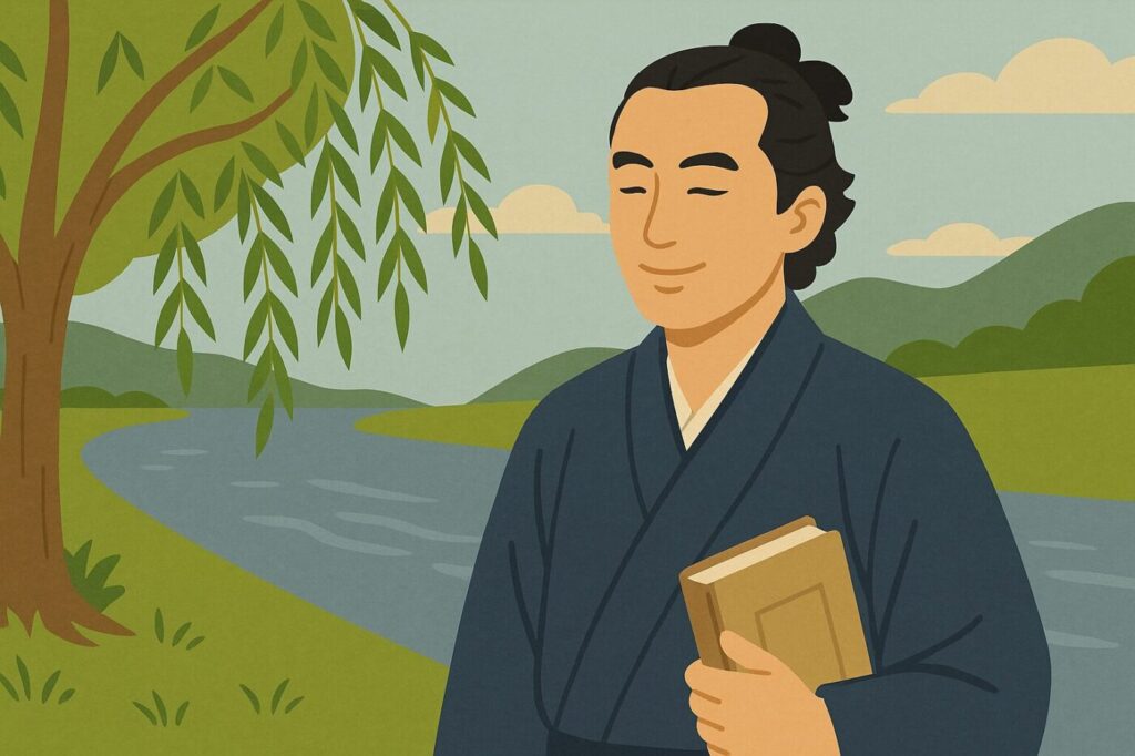坂本龍馬が袴姿で胸元に分厚い本を忍ばせ、京都の川沿いを歩きながら、風に揺れる柳を見上げ納得した表情を浮かべているフラットデザインのイラスト