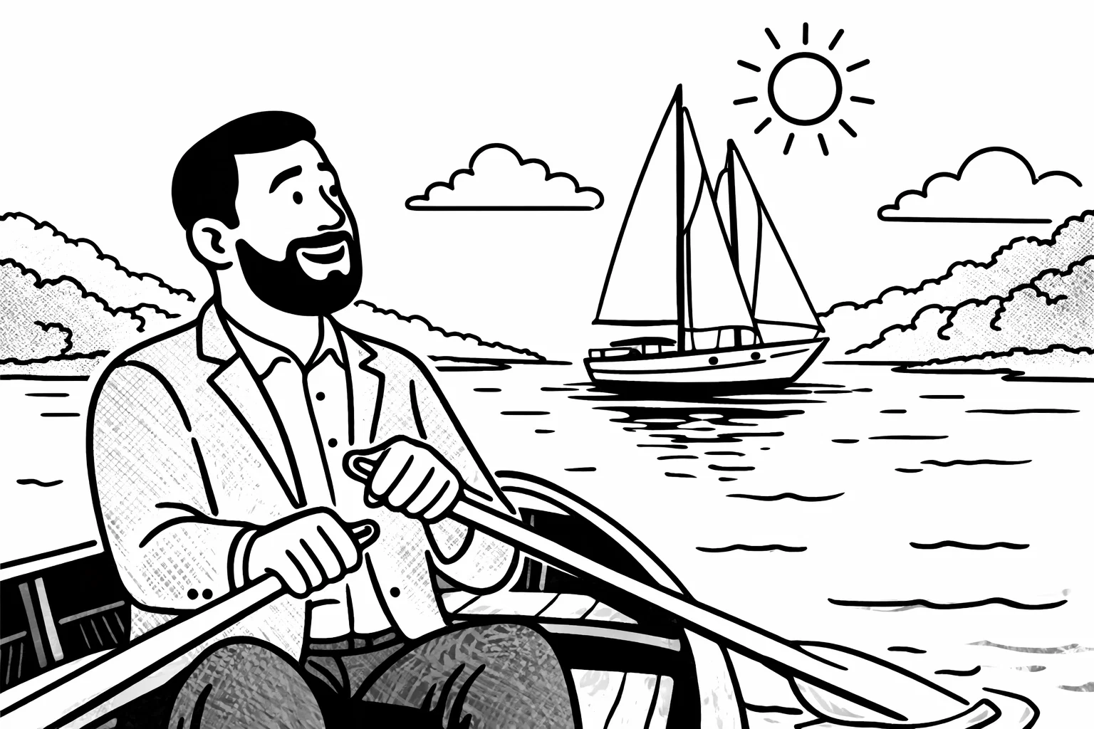 リバーエッジ戦略のイラスト。ラフなシャツにジャケットを着た髭をやした社長がボートに乗っている。川の端を漕ぎながら笑顔で川の真ん中の大きなヨットを眺めている。