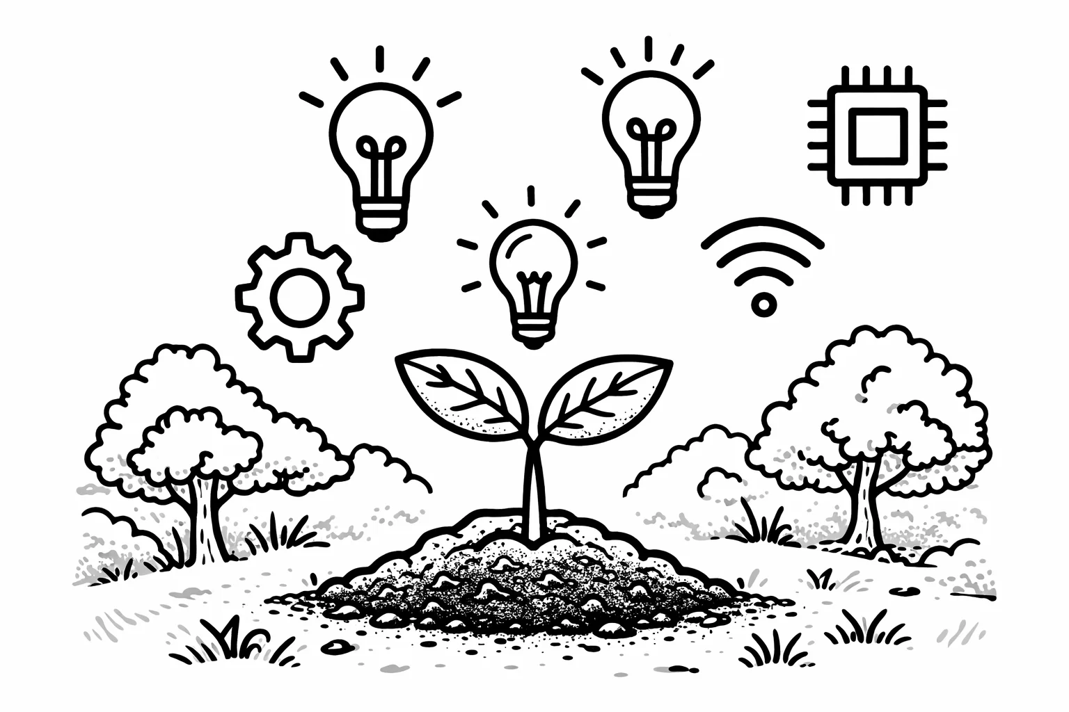 土から双葉が出て、その上に４つほどアイデアのが浮いている。