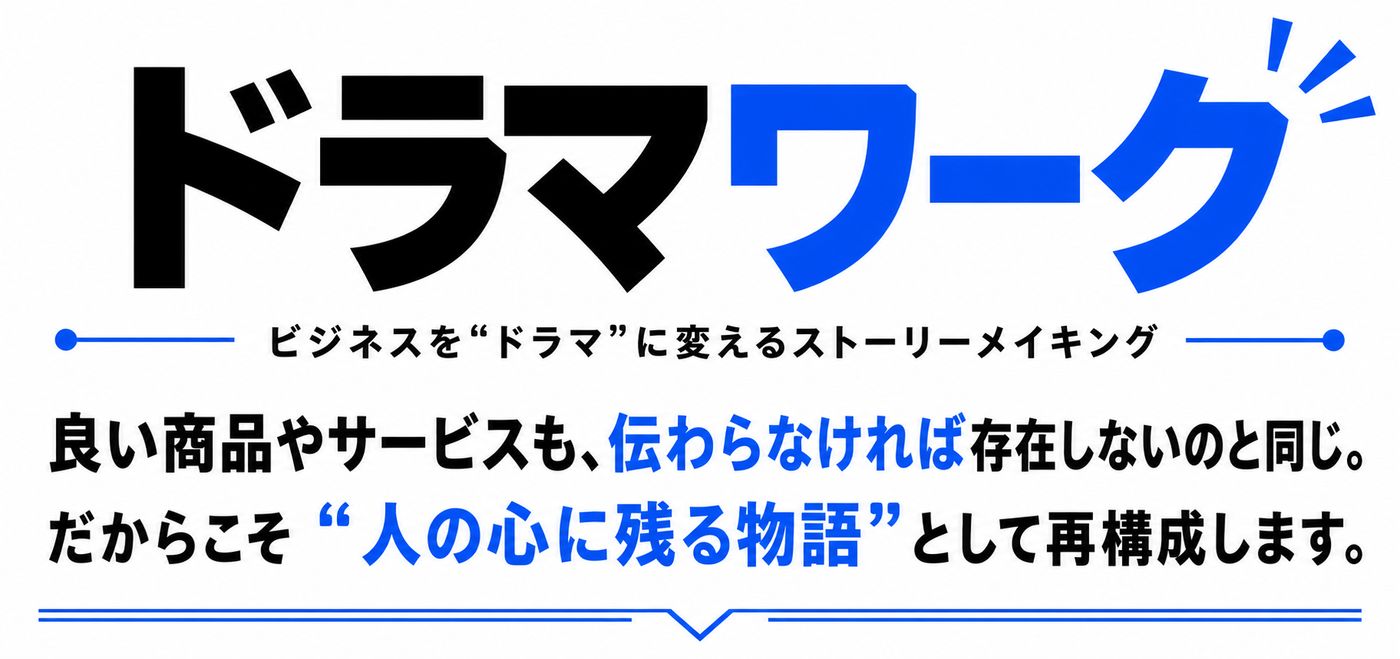 ドラマワーク ビジネスを“ドラマ”に変えるストーリーメイキング 良い商品やサービスも、伝わらなければ存在しないのと同じ。 だからこそ “人の心に残る物語” として再構成します。