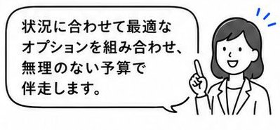 状況に合わせて豊富なオプションの組み合わせができるので、無理のない予算で伴走します。