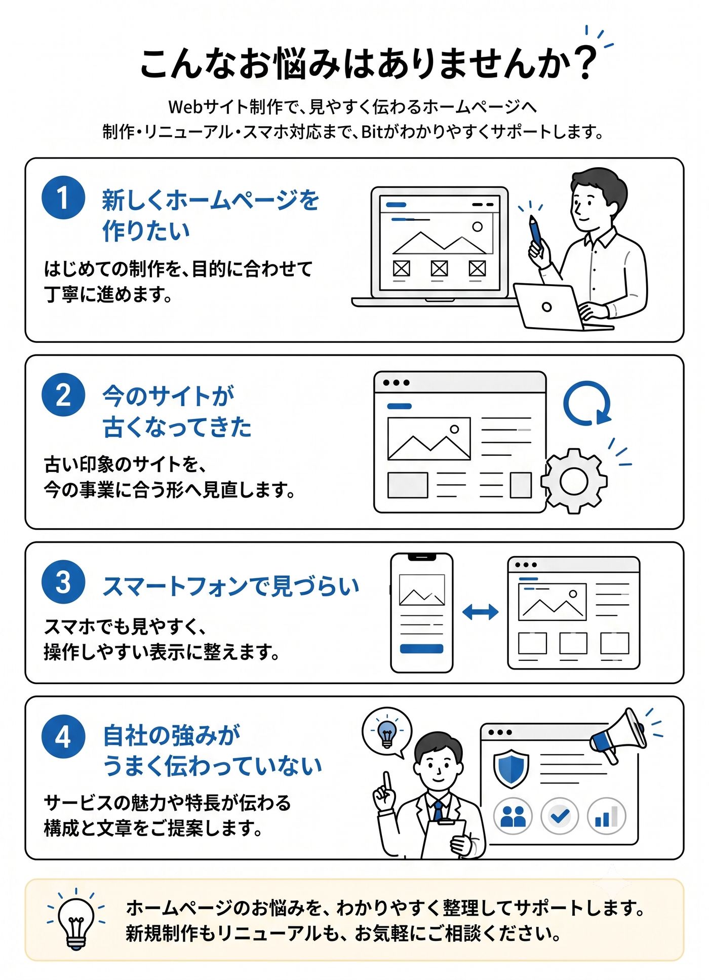 「新しくホームページを作りたい」 「今のサイトが古くなってきた」 「スマートフォンで見づらい」 「自社の強みがうまく伝わっていない」