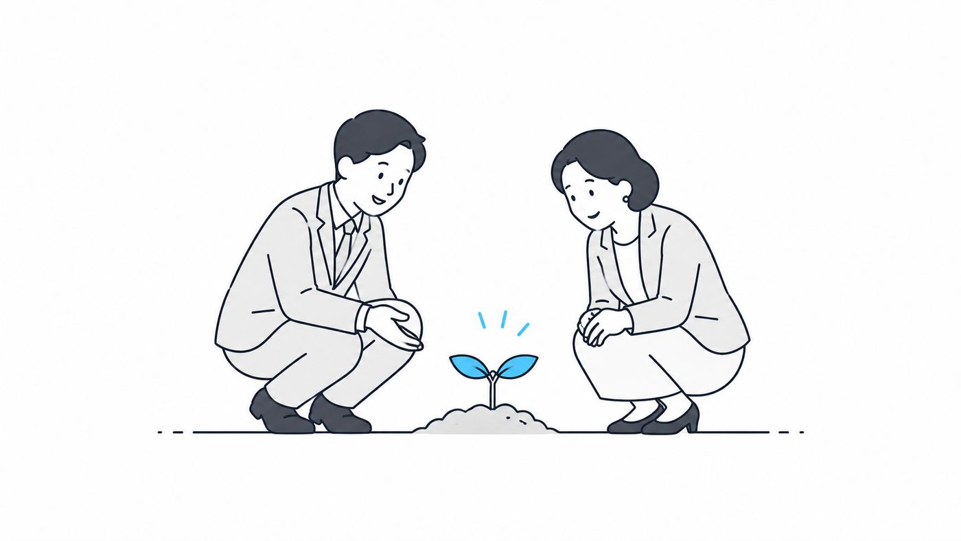 スーツ姿の男性とスーツ姿の中年女性が土から出ている双葉を温かい目で見ている様子