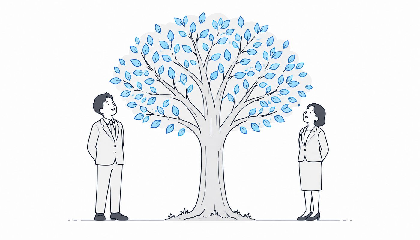 二人が立って、真ん中に大きく育った木がある。二人は笑顔でその木を見上げてる。