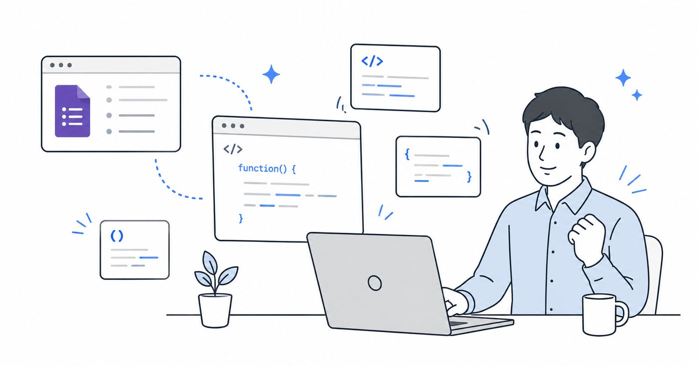 GoogleフォームとApps Scriptを連携し、コードが浮かぶ画面を見ながら作業する担当者のイラスト