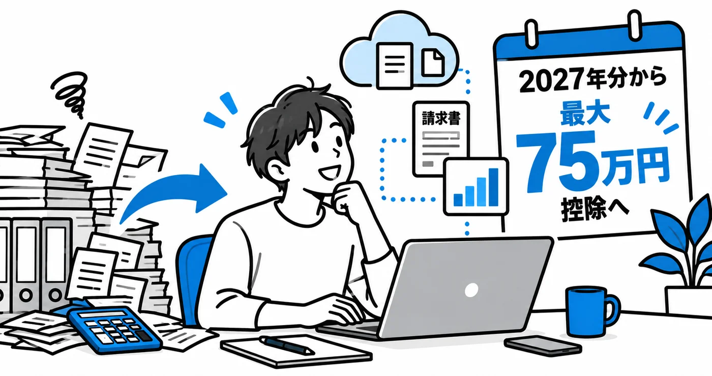 2027年分から最大75万円となる青色申告特別控除と、経理のデジタル化をイメージしたイラスト