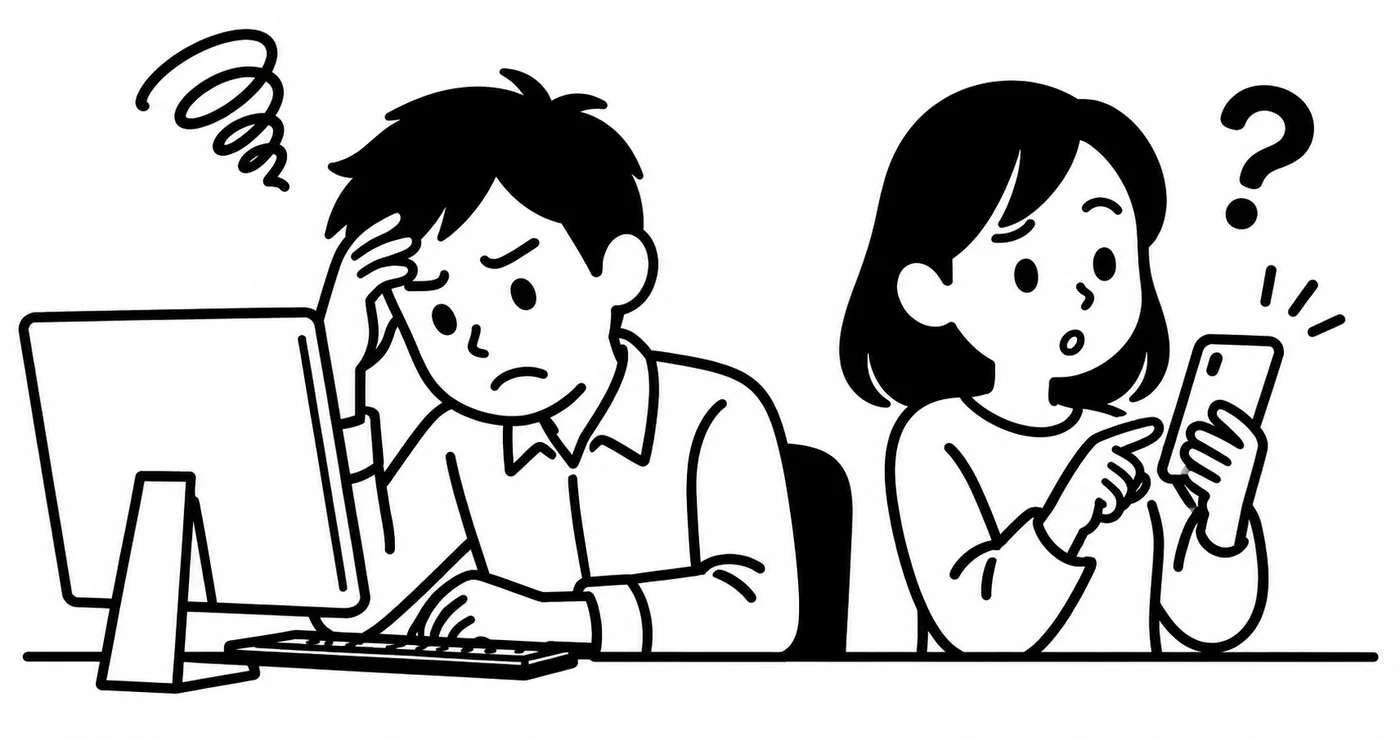 デスクトップパソコンの前で頭を抱えて悩む男性と、その横でスマートフォンから入力しながら「？」と疑問を感じる女性を描いたモノクロの線画イラスト。